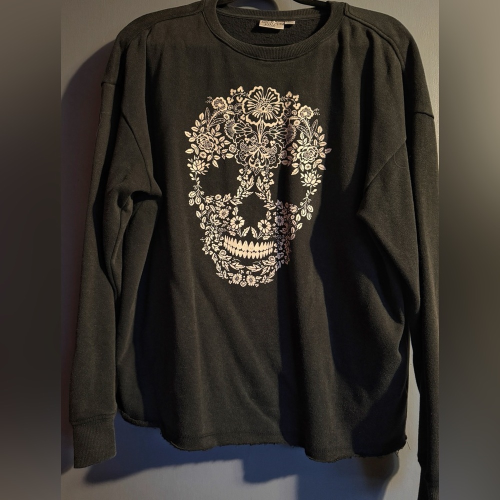 Mighty Fine Black Sweater with Floral Sugar Skull